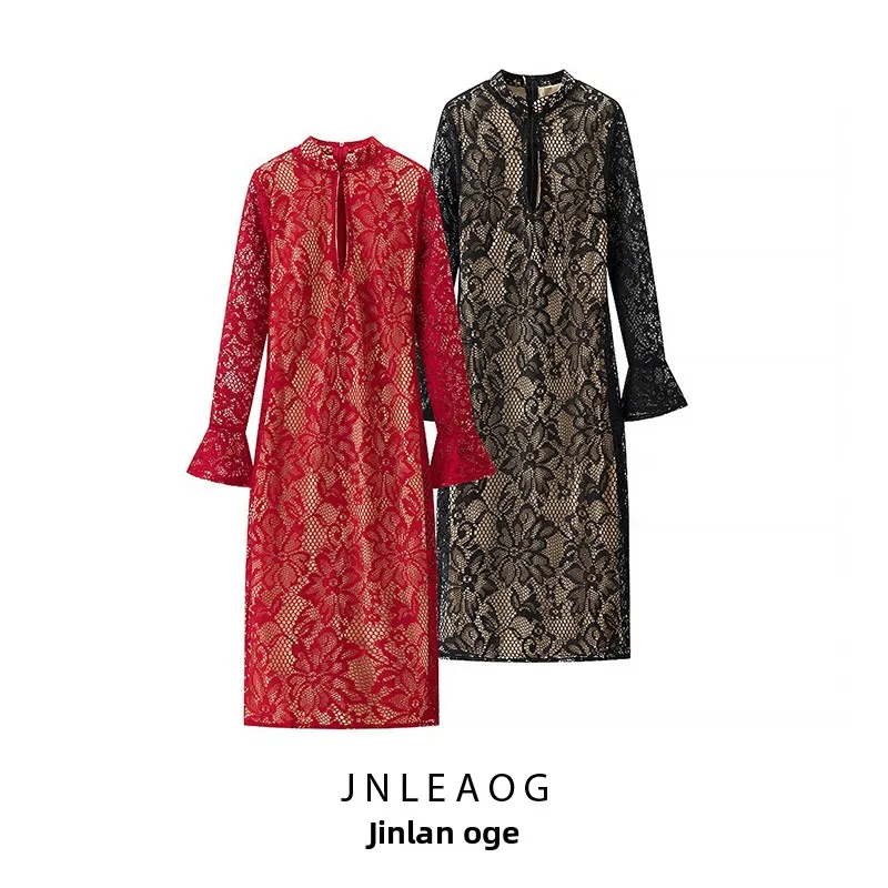 JNLEAOG レディース レース ホローアウト ローカット ベルスリーブ ボディコン ドレス 秋の新作 ファッションデザイン ヨーロッパ風