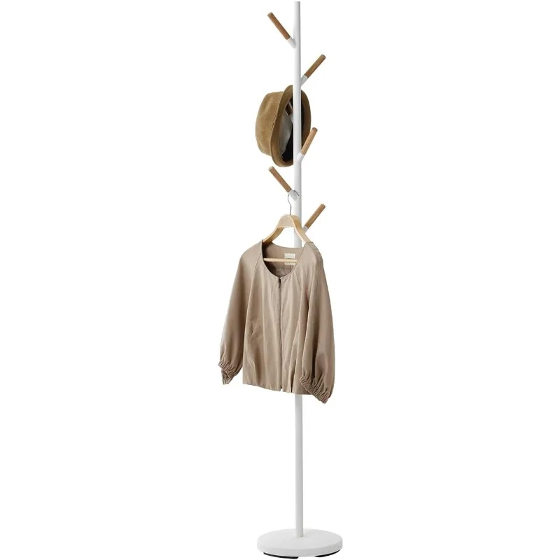 

Home Freestanding Coat Hanger Rack with Wooden Hooks, Space Saving Steel One Size White