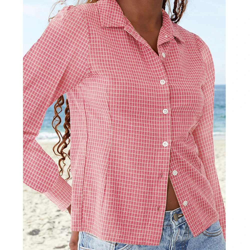 

Red Plaid Print Long Sleeve Shirts Women Autumn Button Turn Down Collar Slim Casual Preppy Tops Basic Blouse Shirts Streetwear