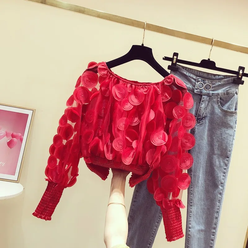 Slash Neck Flower Blouse for Women, Monochromatic, Red, Lantern Sleeve, Slim, Short, High Waist, Lady, Elegant Pulls, Tees, New,