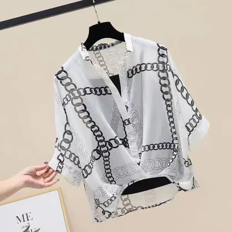 Summer Irregular POLO Collar Mid-sleeve Thin Loose Shirts +Vest Two Pieces Pullover Fashion Fashion Korean New Female Clothes