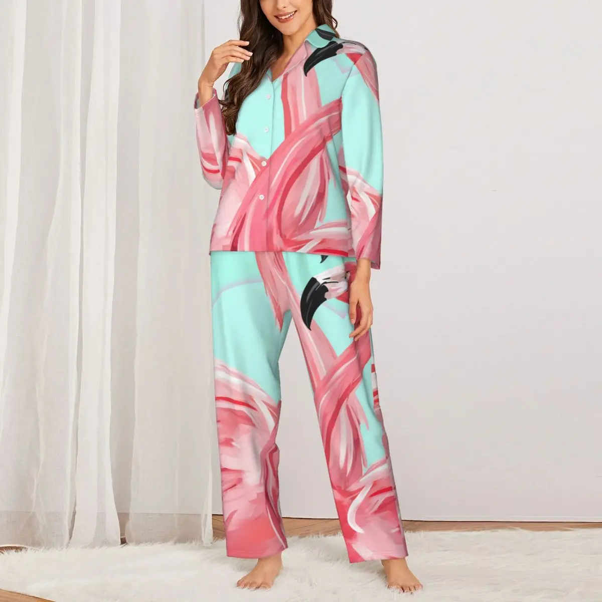 Women's Long-Sleeved Pajama Set Flamingo,love,Valentine's Day