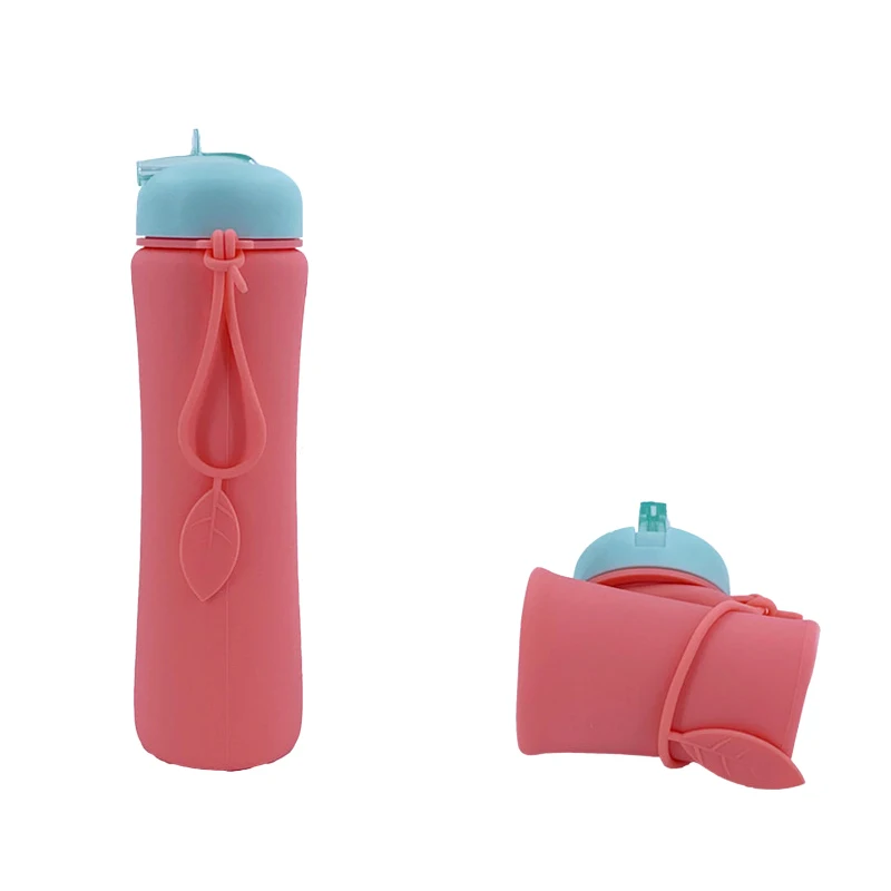 Silicone Leak-proof Drinking Bottle 600ML Water Bottle BPA-Free  Foldable Portable Water Jug Cute Water Cup With Time Marker