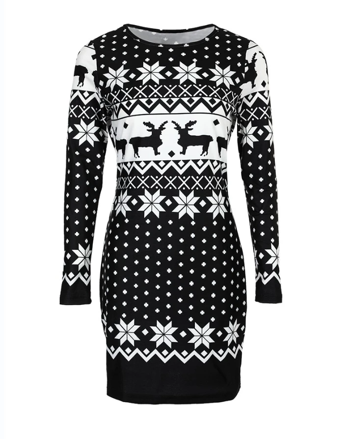 Christmas Casual Long Sleeve Snowflake Elk Print Bodycon Dress for Women 2024 Female Clothes New Fashion Women\'s Skinny Dresses