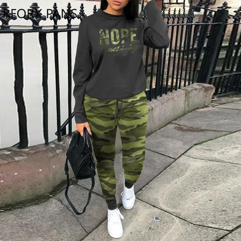 Women Chic Long Sleeves Round Neck Letter Camouflage Pattern Sweatshirt Pants Sets