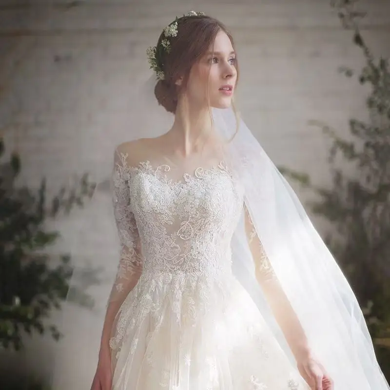 Wedding Dresses O-Neck Half Sleeves Elegant Tulle With Beads Applique Lace Bride Dress For Bridal Gown Robe de Mariee Customized