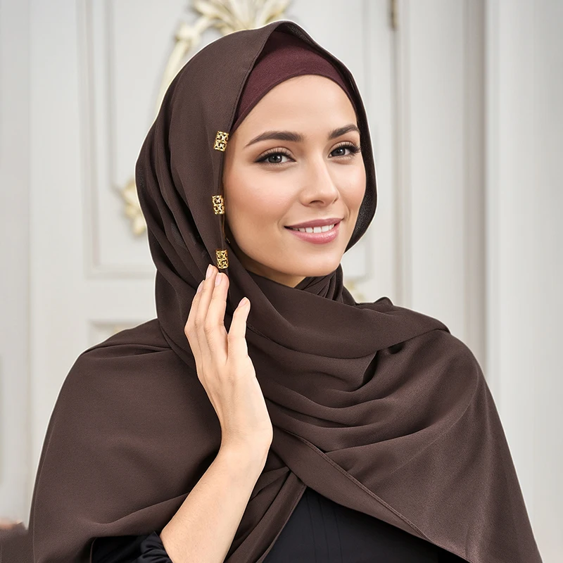 New Ramadan Chiffon Hijab Scarf With Beads Muslim Hijab With Chain Solid Long Shawls Headscarf Wraps Islamic Headband Scarves