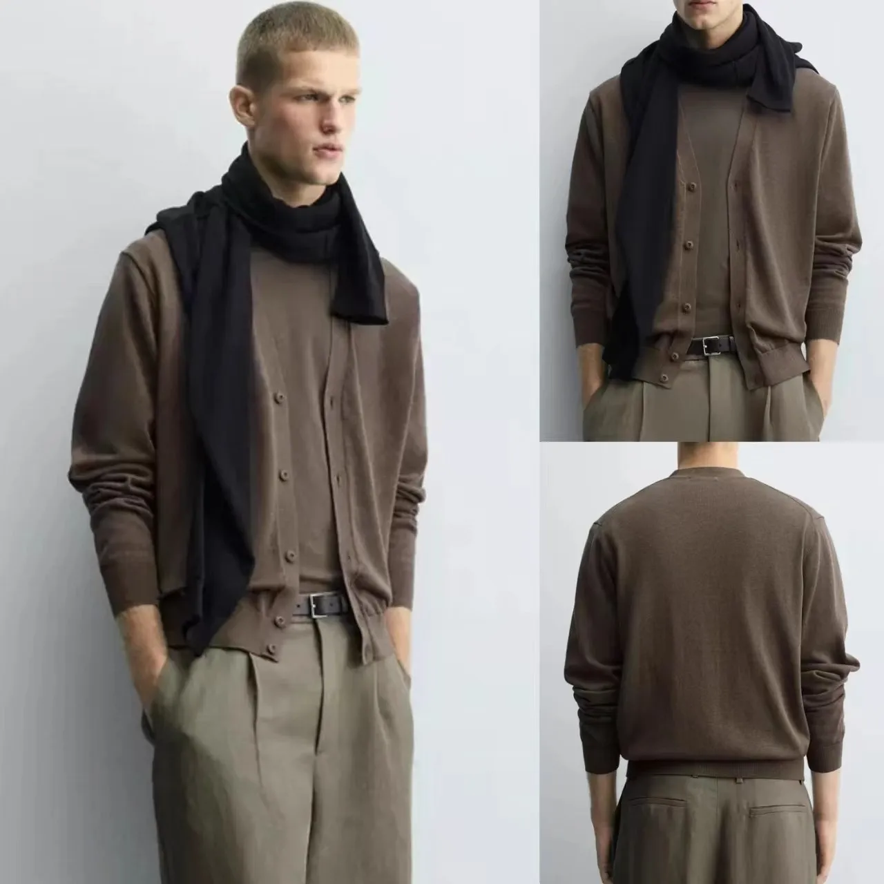 

Новинка 2025, осенний мужской однотонный свободный длинный вязаный открытый кардиган с v-образным вырезом, повседневный удобный дышащий свитер