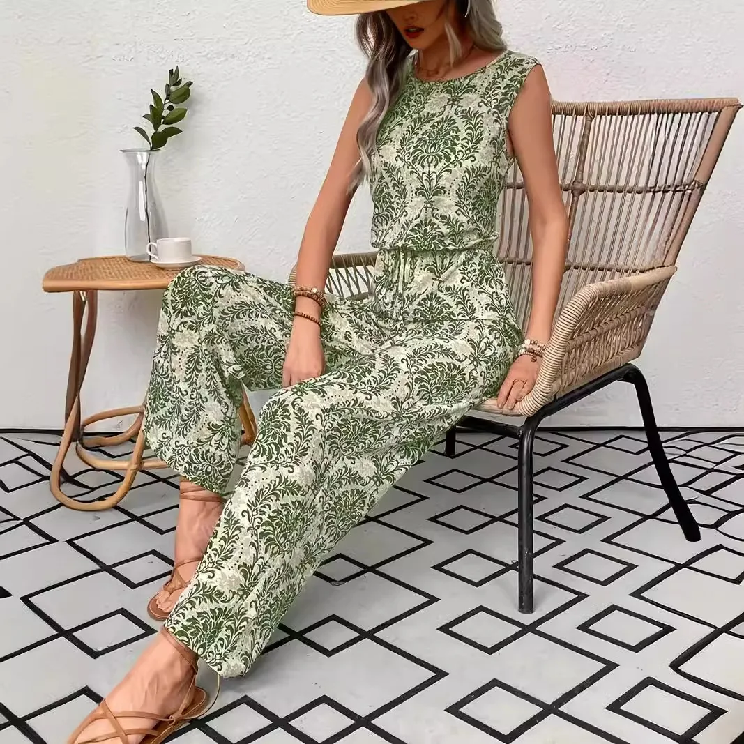 Pantalones de verano con estampado de poliéster 2025 para mujer, trajes de dos piezas de manga corta florales