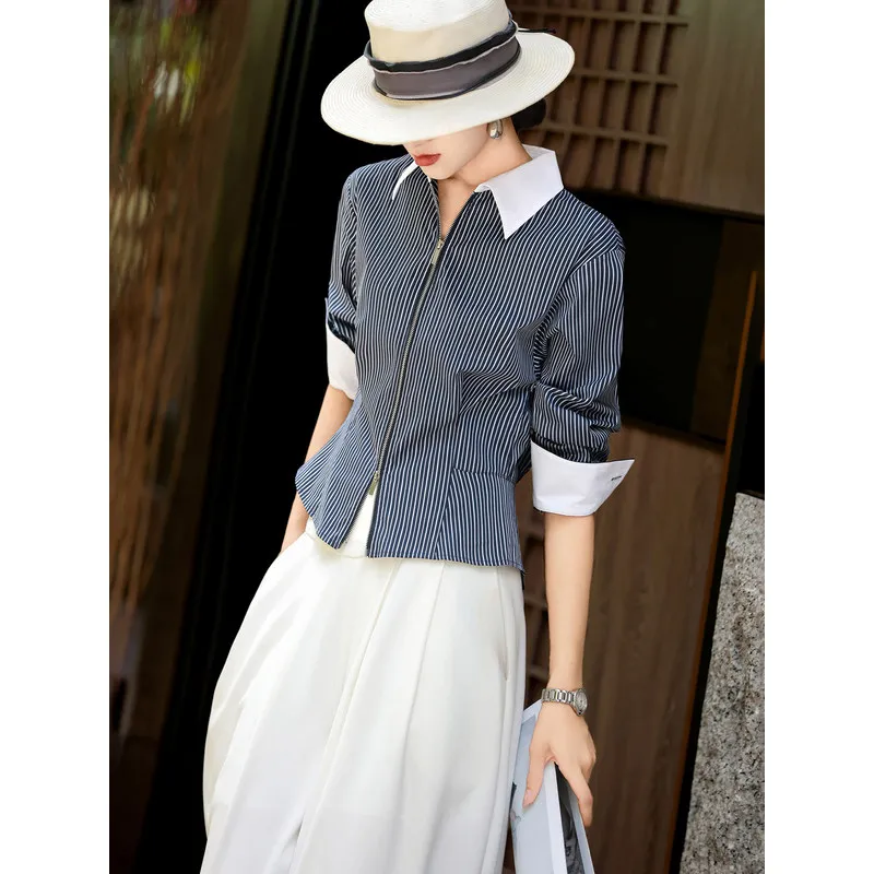 MEXCOCO Women Spring Autumn New Elegant Commuter Polo Collar Striped Blouse Double Zipper Top