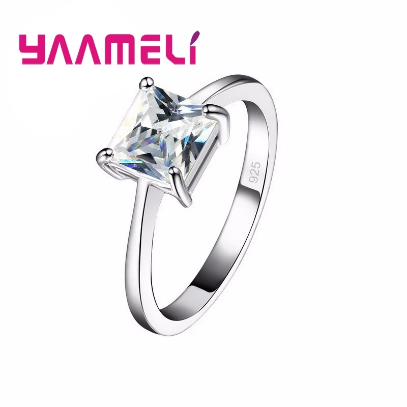 Charm Square CZ Crystal Engagement Wedding Bands Ring 925 Sterling Silver Cubic Zircon Women Men Gift Unisex Jewelry