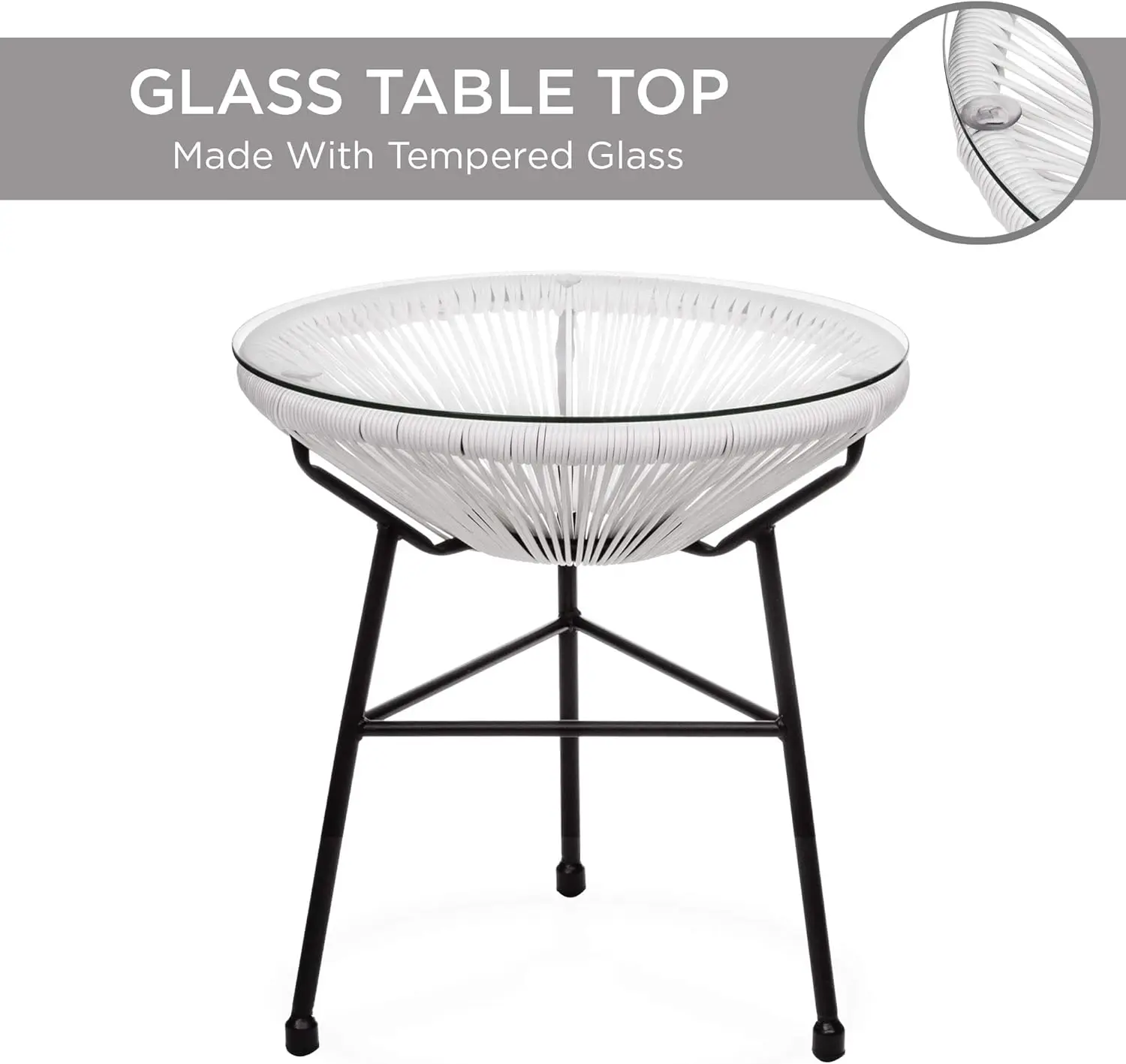 3-Piece Outdoor Acapulco All-Weather Patio Conversation Bistro Set w/Plastic Rope, Glass Top Table and 2 Chairs - White