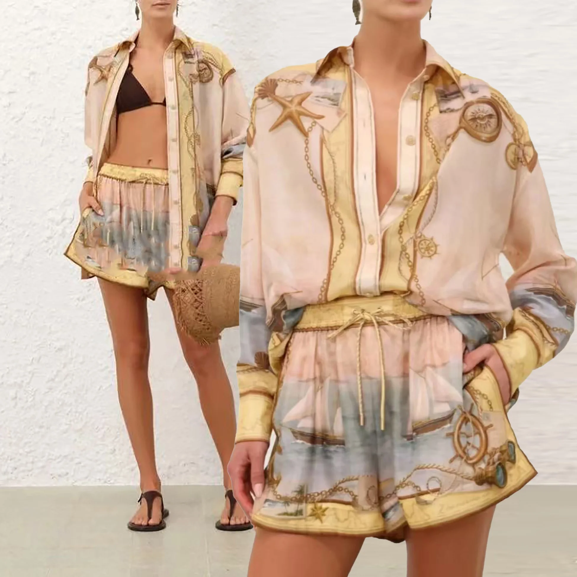 Ele 2025 Primavera Estate Mappa di navigazione Stampa Silk irt orts Set Leggero Lusso Feel Good Quali Faion da donna