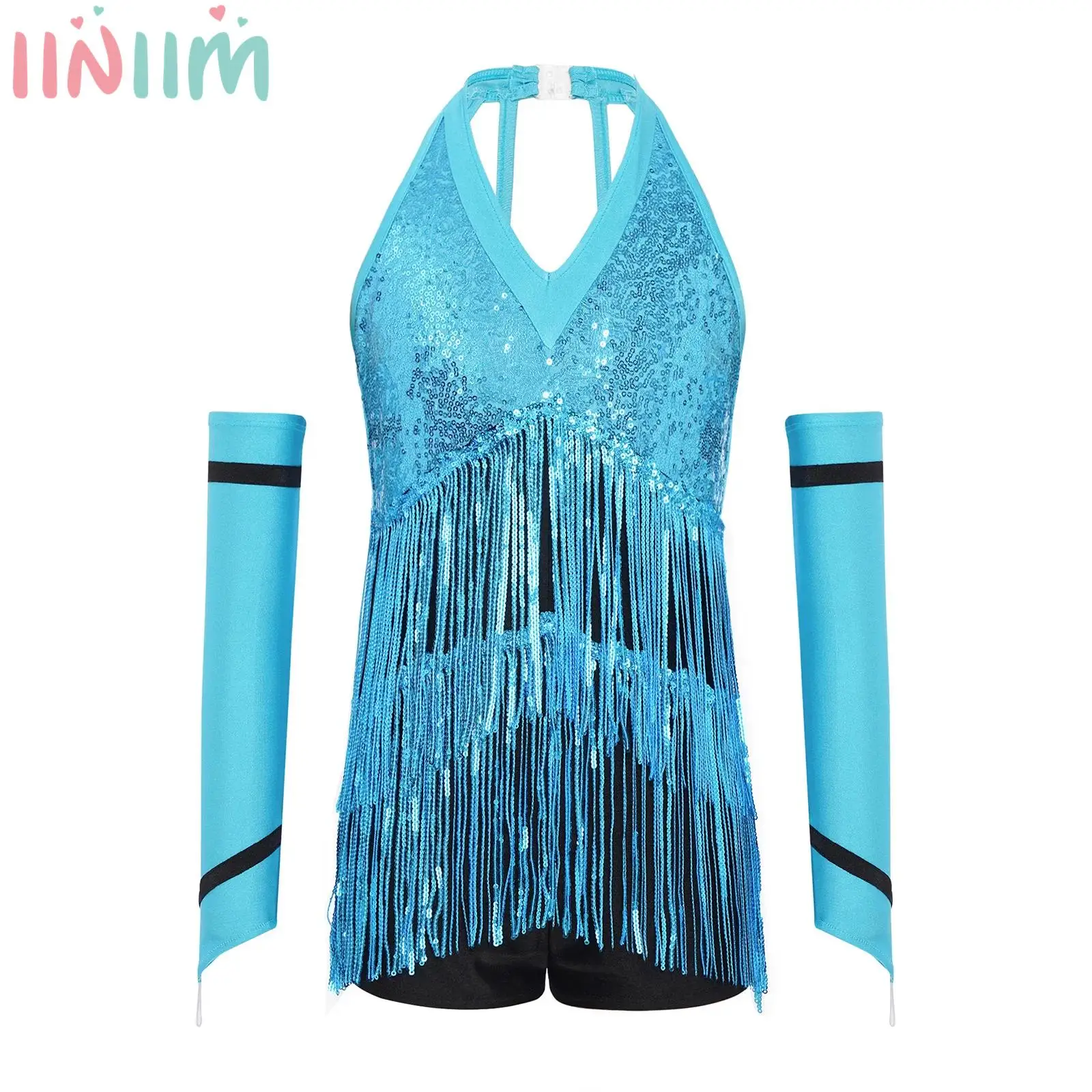 Costume da spettacolo teatrale per bambina, danza jazz latina, tuta corta per competizione con paillettes e guanti
