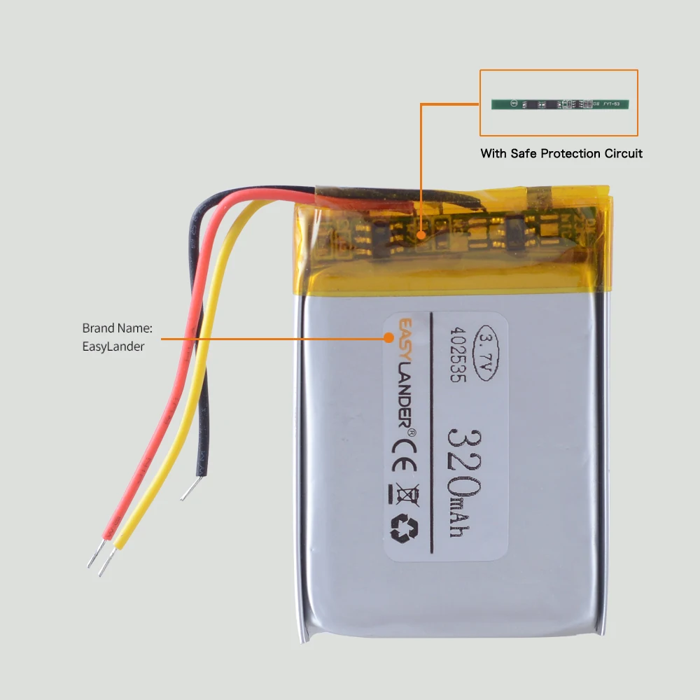 CE+Rohs 3-Wire 402535 3.7V 320mAh 422436 Lithium Polymer Rechargeable Lipo Li-ion Battery