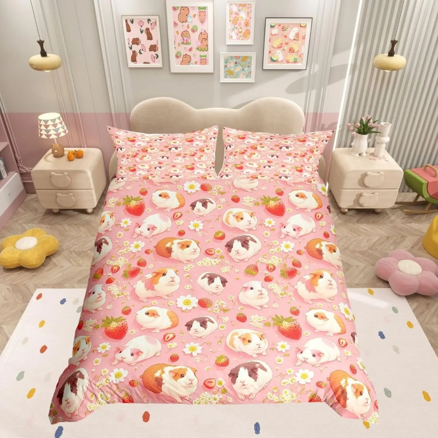 Cute Guinea Pigs Duvet Cover Set Cartoon Pet Bedding Set With Pillowcase Strawberry Floral Print Pink Reversible