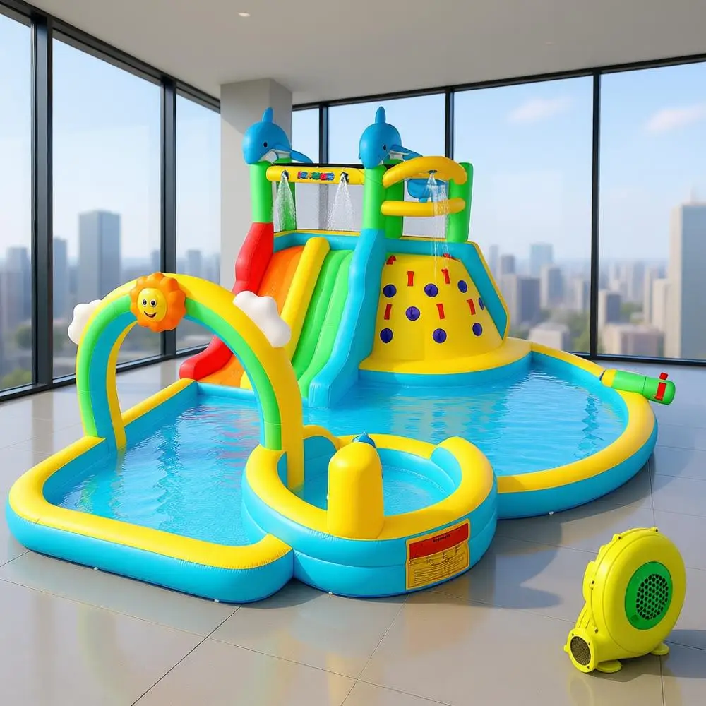 JOYMOR 10-in-1 aufblasbarer Wasserpark mit Rutsche, Klettern, Pool und Sprinklern für Kinder, schneller Aufbau mit leistungsstarkem Gebläse