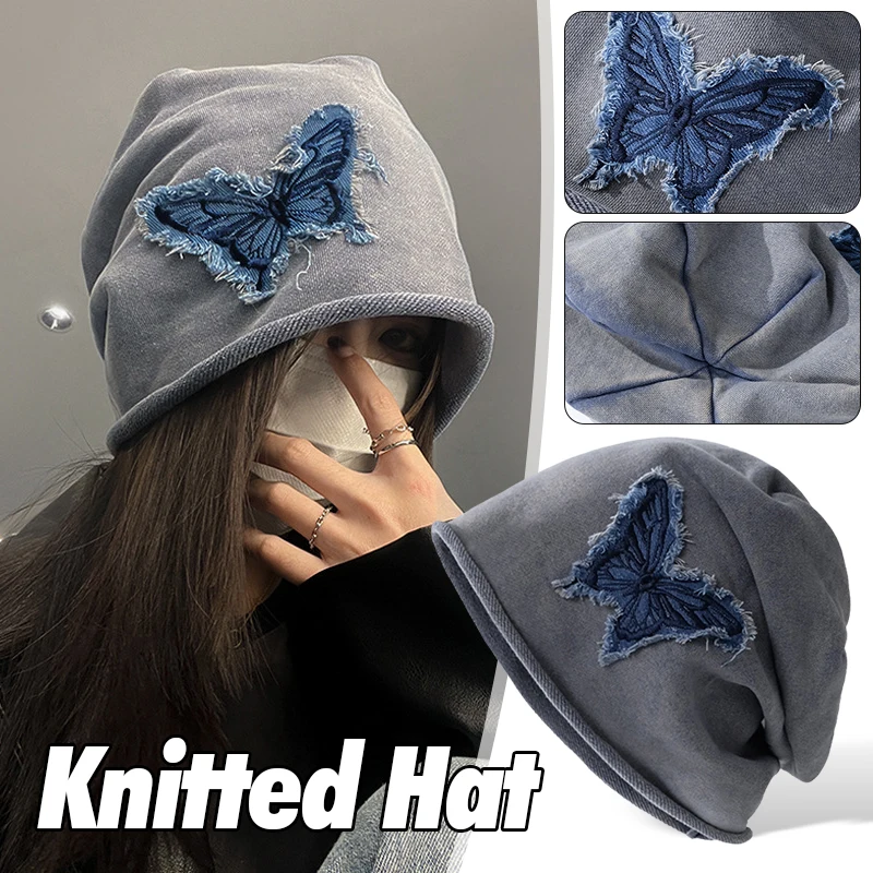 Korean Butterfly Embroidery Big Head Loose Denim Pile Hat Women's Fashion Casual Fully Wrapped Ear Warm Head Curled Beanie Cap 