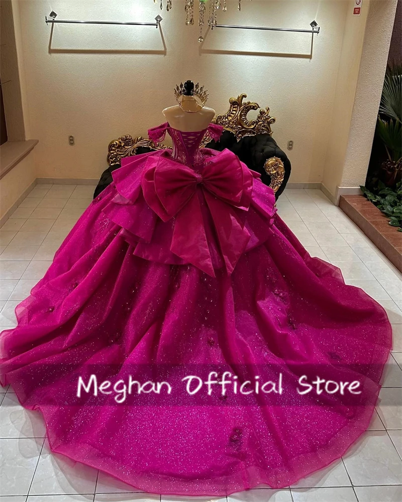 Fuchsia 3D Flower Quinceanera Dresses Bead Appliques Bow 2025 Birthday Luxury  Dress Off The Shoulder Princess Gown Customized