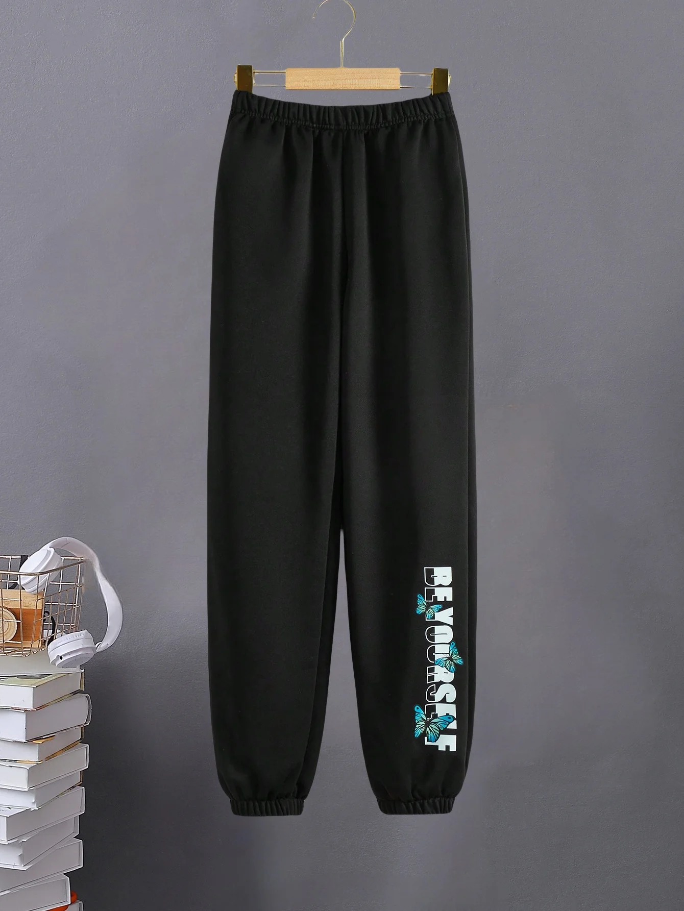 Fashionable Black Sport Pants - 'BE YOURSELF' motivational slogan, comfortable and casual style