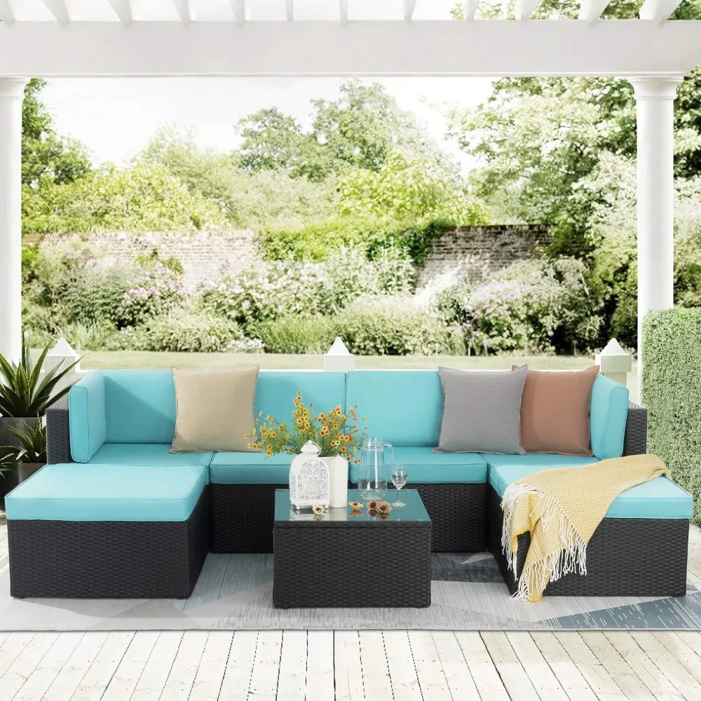 7 Piece Patio Furniture Set, Outdoor Sofa, Patio Parlor Set with Washable Cushions and Glass Table with Rattan Wicker Sofa