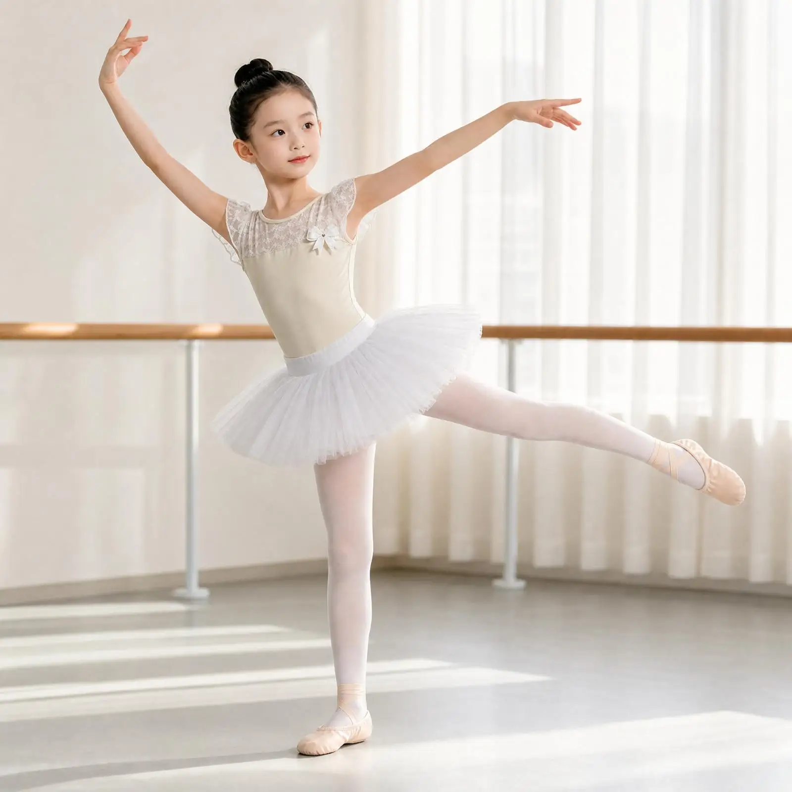 Girl Dancewear Set with Lace Bodice and Snap Crotch for Studio Practice Performance