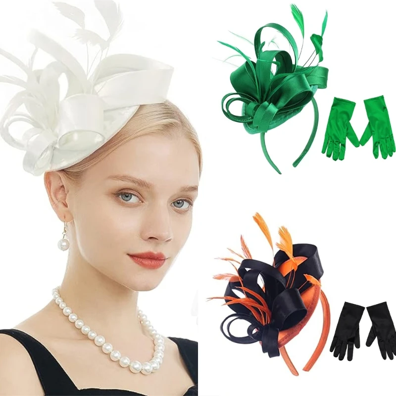 Fascinator Hats for Women Vintage Pillbox Hat with Gloves Fascinators Flower Wedding Tea Party Hat DXAA