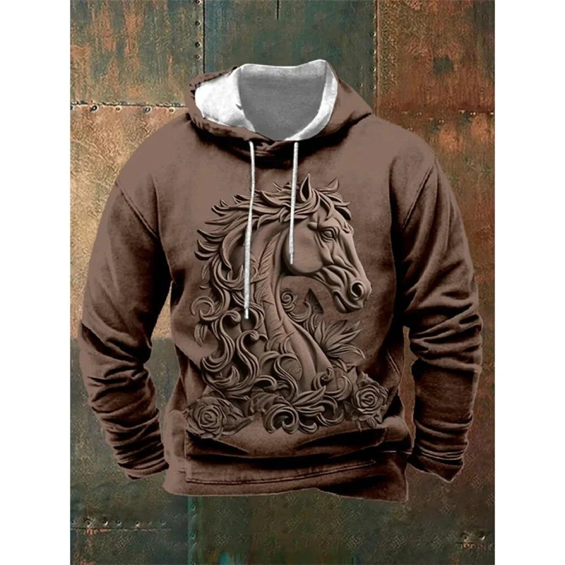 Vintage Embossed Horse Pattern Hoodie For Men Fashion Casual 3D Animals Printed Long Sleeve Sweatshirts Loose Comfort Pullovers