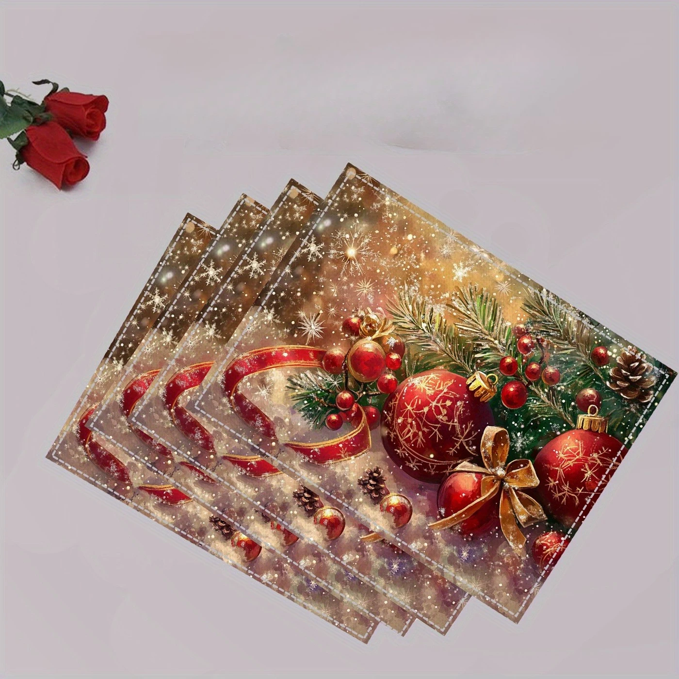 Christmas Ball Pine Cone Ribbon Snowflake Glitter Print Rectangular Placemats Set  Holiday Dining Table Decor Mats 4PC 6PC 8PC