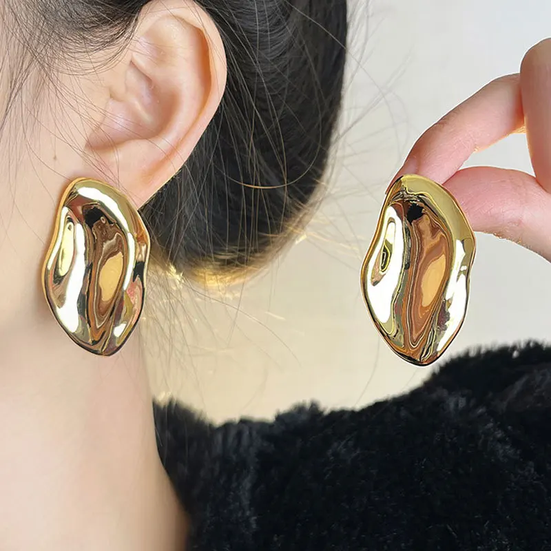 XIALUOKE Geometric Leaf Irregular Convex Folds Unique Stud Earrings For Women European American Style Personality Party Jewelry