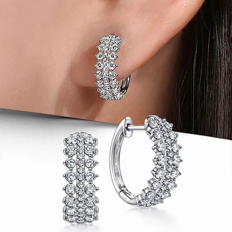 Huitan Luxury Cubic Zirconia Hoop Earrings Women Silver Color Wedding Party Bridal Earrings Daily Wear Temperament Ear Jewelry