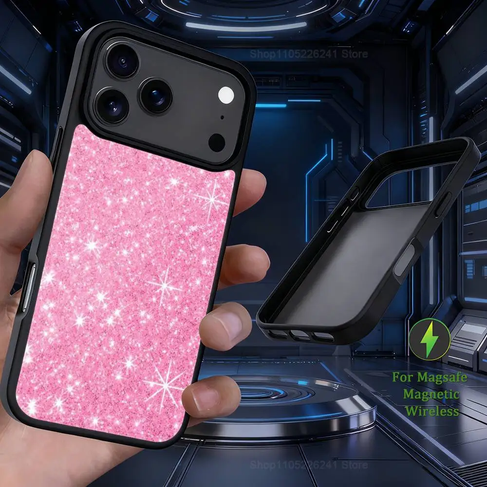 هاتف مبهر باللون الوردي الفني اللامع لهاتف iPhone 17,12,11,16,15,13,14,Pro,Max,Plus,Mini, For Magsafe,حافظة شحن لاسلكية مغناطيسية