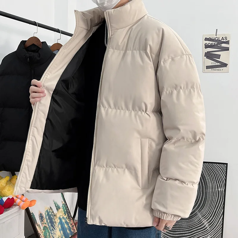 Men Parkas Thick Warm Streetwear Cotton Coat Fashion Winter Jacket s Stand Collar Solid Color Zipper Outwear