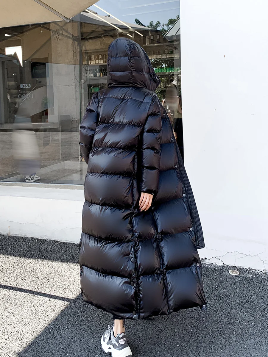 Schwarze Frauen Daunen mantel Winter verdickt warme Kapuze Reiß verschluss lange Puffer Parka weibliche 90% Daunen mantel S-XXXL