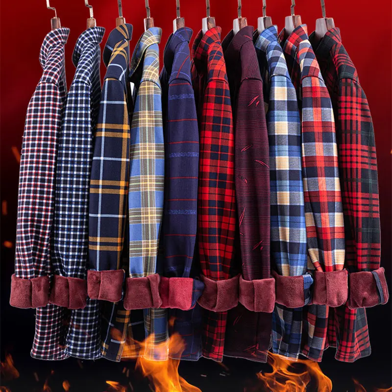 Spring new 9XL thickened men\'s brushed plaid social shirt double pocket one double flannel warm and cold resistant large size