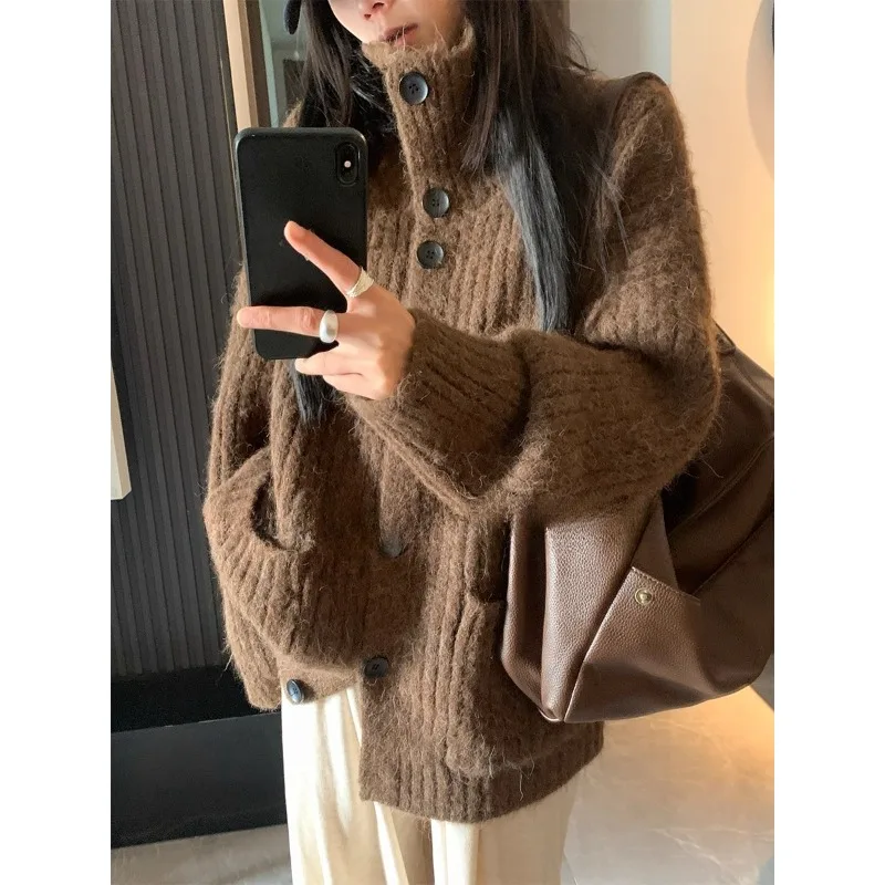 

Серый вязаный свитер с высоким воротником, пальто, женский осень 2021, кардиган с длинными рукавами, куртка с пуловером, повседневные свободные винтажные топы Y2k