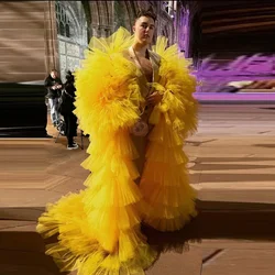 Yellow Tulle Jacket Women Full Sleeves Layered Ruffles Long Robes Extra Puffy Women Jacket Female Outfit Custom Made