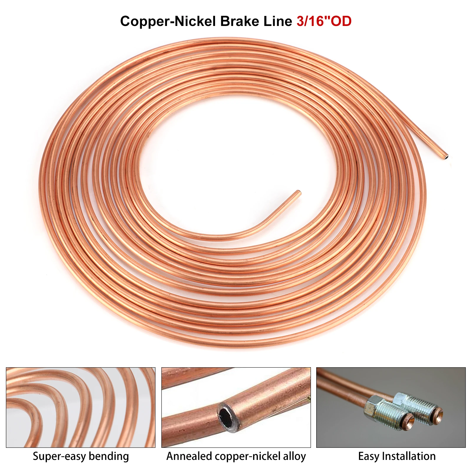 16PCS Nuts Galvanized Copper Hose Line Piping&25FT 7.62m Car Roll Tube Coil of 3/16\