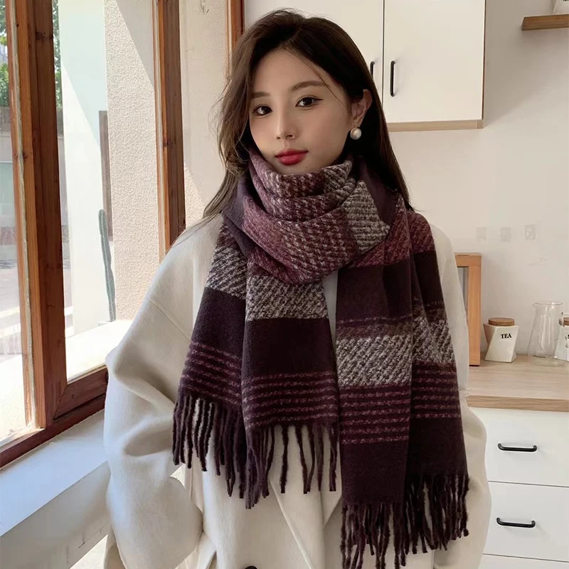 

New Thickened Retro Cashmere Wool Blend Striped Scarf Windproof Warm Insulation High-end Maillard Blanket Women Hijab