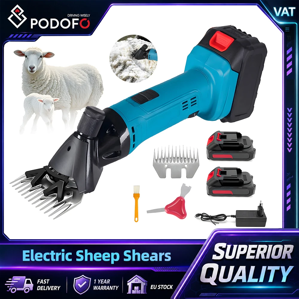 Podofo 6 Gears 2400RPM Cordless Electric Wool Shears 13 Teeth 21V Handheld Professional Reable Shearing With 2 Batteries And 1 Charge For Shaving Fur Wool in Sheep Goat Cattle and Other Farm Livestock