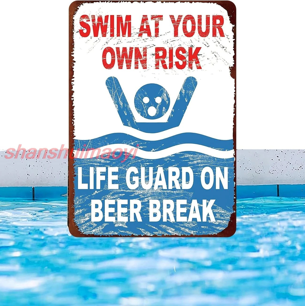 Eletina Swim at Your Own Risk Lifeguard On Beer Break Retro Look Home Club bar Wall Art Decoration Metal Tin Sign 12 X 8 i ASC