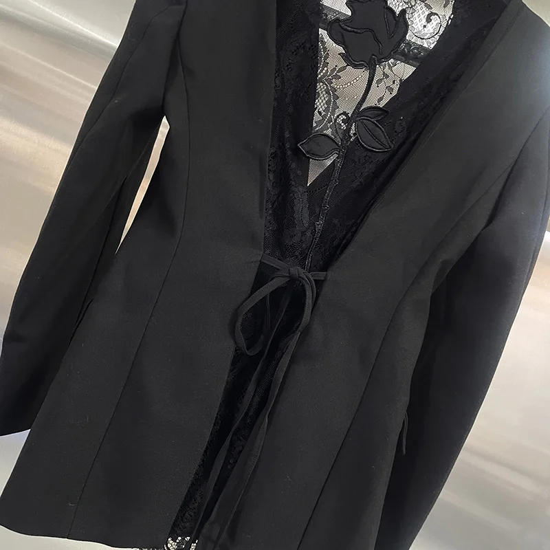 KBQ الصلبة الجوف خارج الدانتيل شيك السترات للنساء التلبيب كم طويل المرقعة جيوب التخسيس السترة الإناث الاسلوب المناسب جديد #4