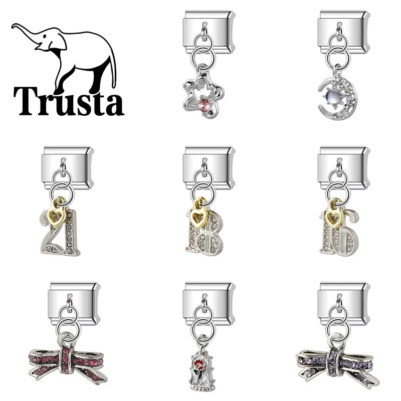 Trusta 2024 New Star Moon Shiny CZ Charms Italian Links 9mm Bracelet Stainless Steel for Women Girl DIY Jewelry Wholesale N157