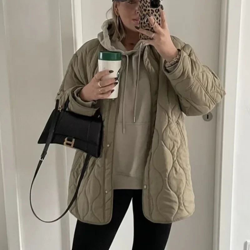 

Autumn Winter New Style Women's Fashion Outerwear Loose Cotton Jacket round Neck Simple Solid Color Embroidery Decorative