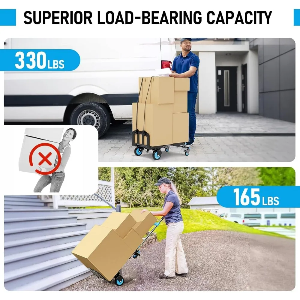 

2 in 1 Folding Hand Truck, 330LBS Capacity Dolly Cart with 3 Gear Retractable Handle, for Luggage, Warehouse, Office, Shopping