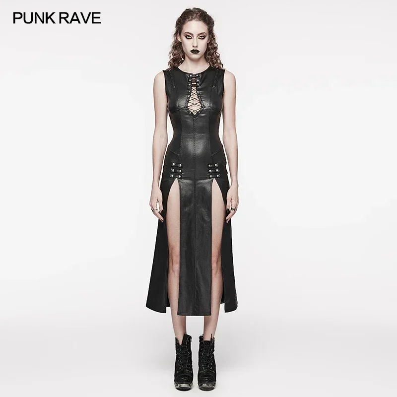 

PUNK RAVE Women's Punk Front Are Hollowed Out Drawstring Design Patent Leather Dress Slim Sleeveless Summer Women Clothing