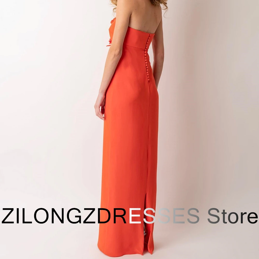 Exquisite Heart-Shaped Crystal Strapless Evening Dress Back Slit Pleats Orange Jersey Elegant Straight Floor Length Sleeveless