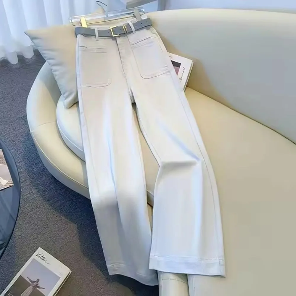 الخريف رمادي فاتح واسعة الساق الجينز المرأة عالية الخصر السراويل المستقيمة الإناث فضفاضة عادية أنيقة كل مباراة السيدات كاوبوي بنطلون