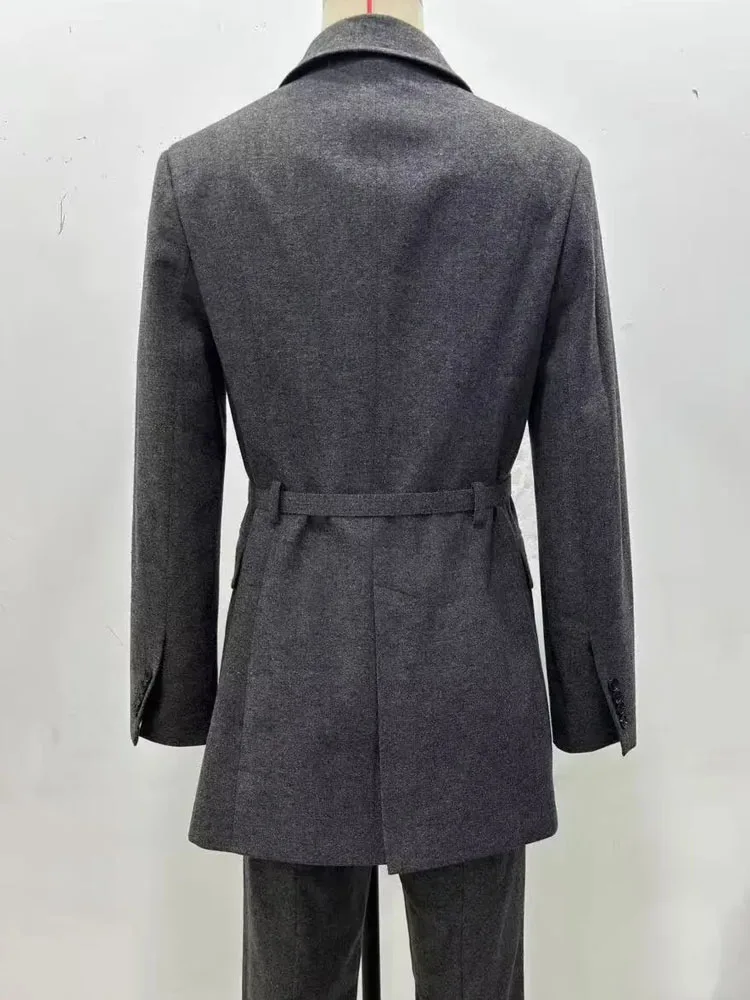 HH Women 2 Piece Set Long Sleeved Lapel Single-breasted Pockets Belt Decorate Loose Blazer Suit+Fashion Casual Zipper Long Pants