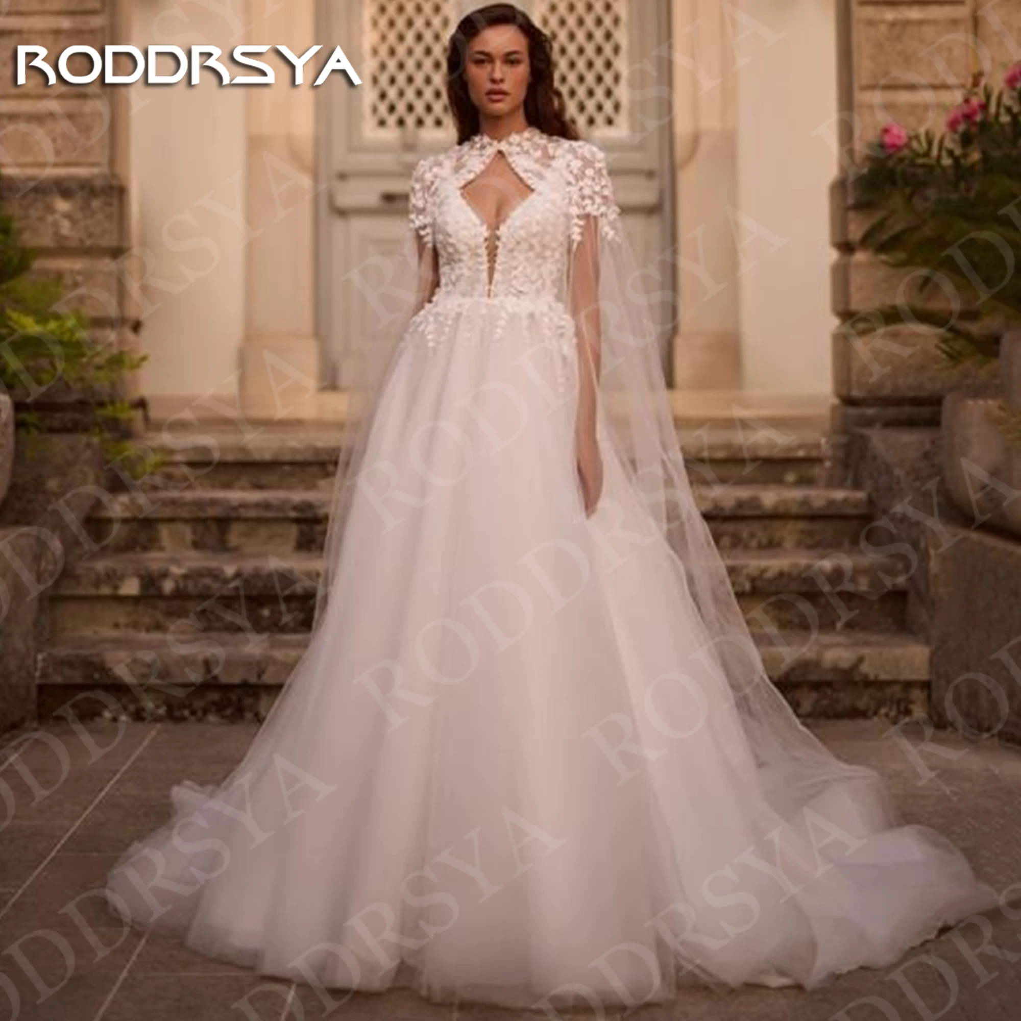 

RODDRSYA Boho A Line Wedding Dresses for Woman V Neck Lace Appliques Tulle Bridal Dress with Detachable Cape Bohemian Customized